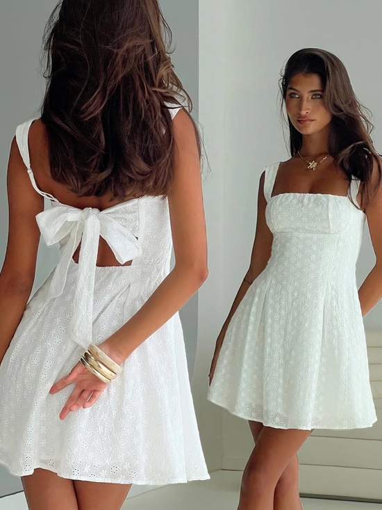 Princess Polly Dresses & Skirts - Princess Polly White Eyelet Bow-Back Mini Dress